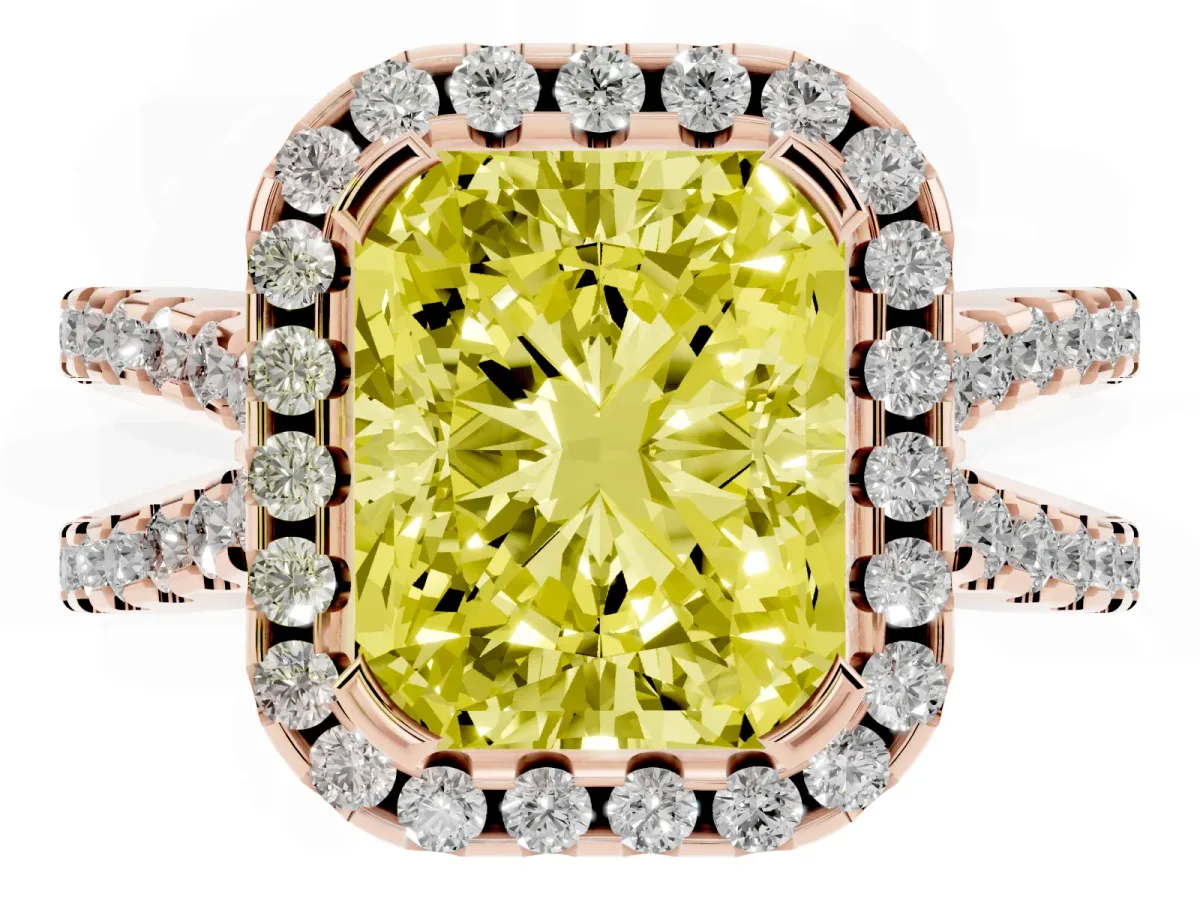 Fancy Yellow Radiant Cut Diamond Halo Ring with Split Shank Pavé Band and Prong Setting Rose gold