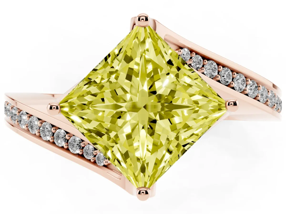 Fancy Yellow Princess Cut Solitaire Diamond Twist Band with Pavé Setting and Four-Prong Setting Rose gold