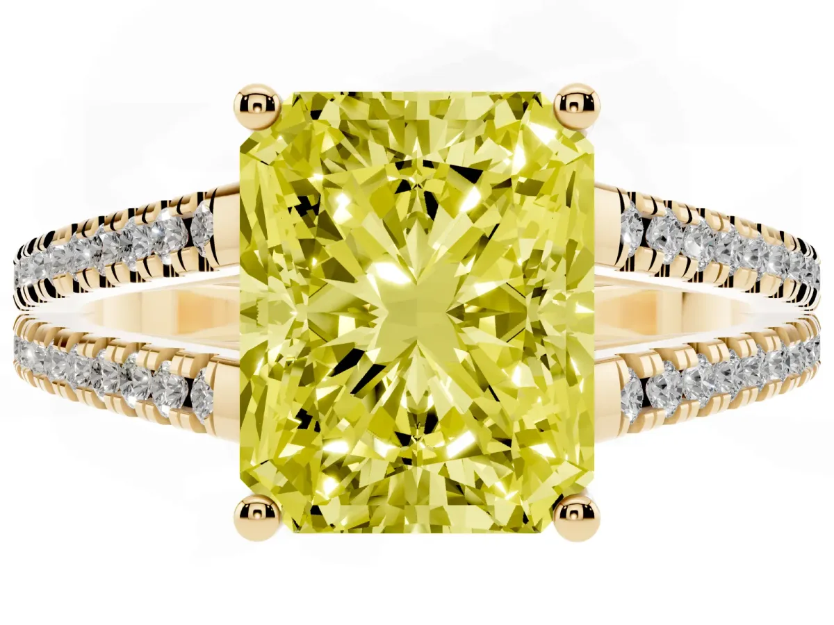 Fancy Yellow Radiant Cut Diamond Solitaire Engagement Ring with Split Shank Pavé Band Yellow gold