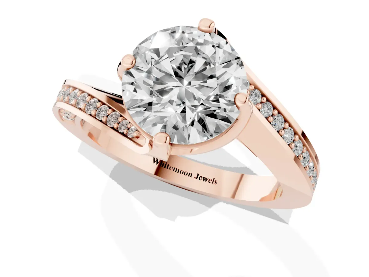 Round Cut Solitaire Diamond Twist Band with Pavé Setting and Four-Prong Setting Rose gold
