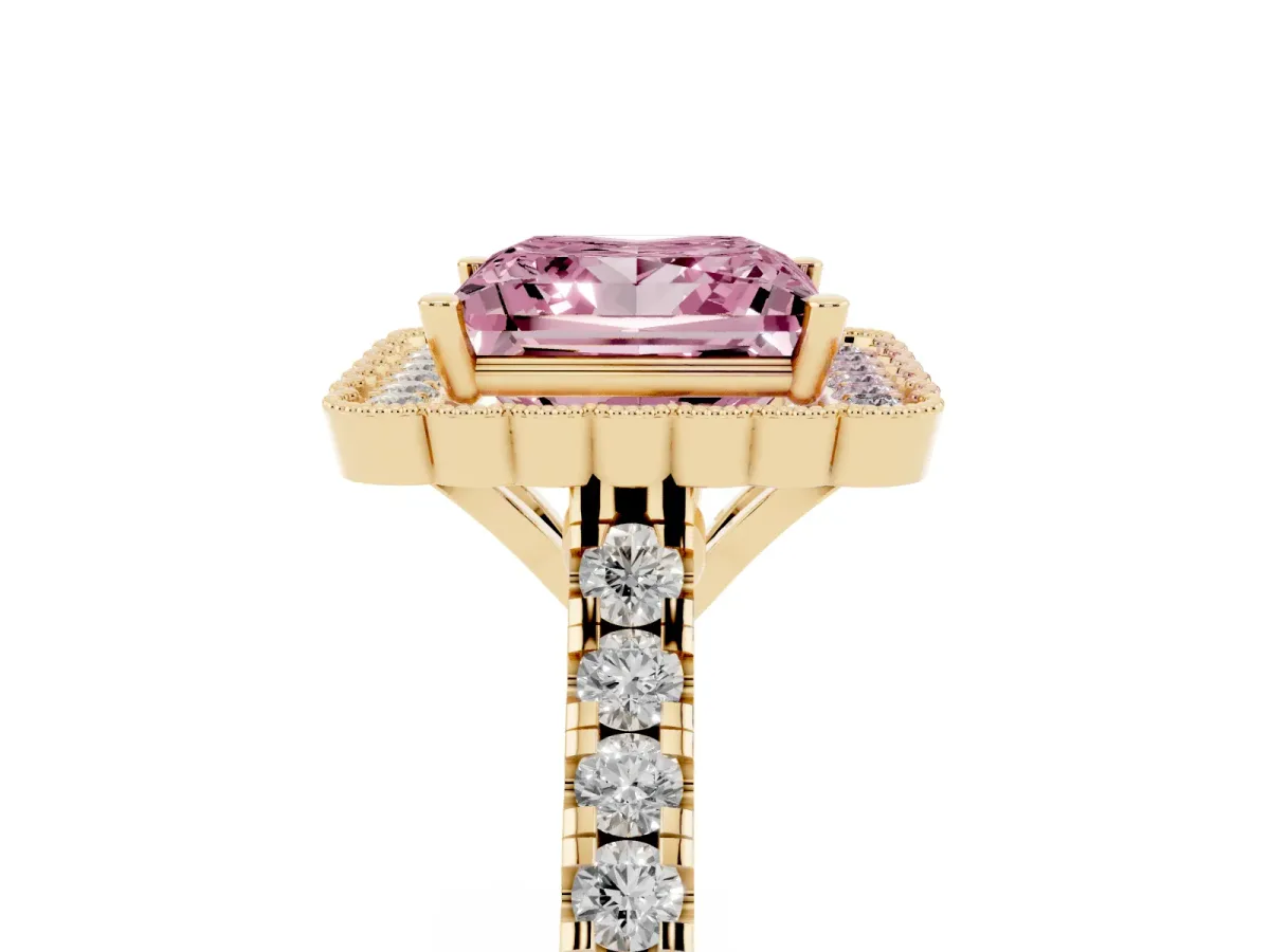 Fancy Pink Princess Cut Cut Diamond Milgrain Floral Halo Engagement Ring with Pavé Band Yellow gold