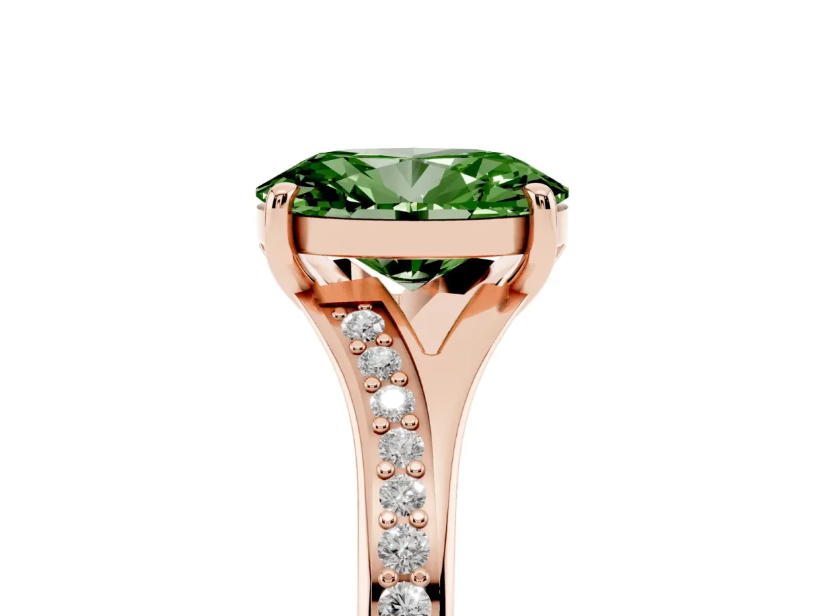 Fancy Green Oval Cut Diamond Solitaire Ring with Pavé Band and Prong Setting Rose gold