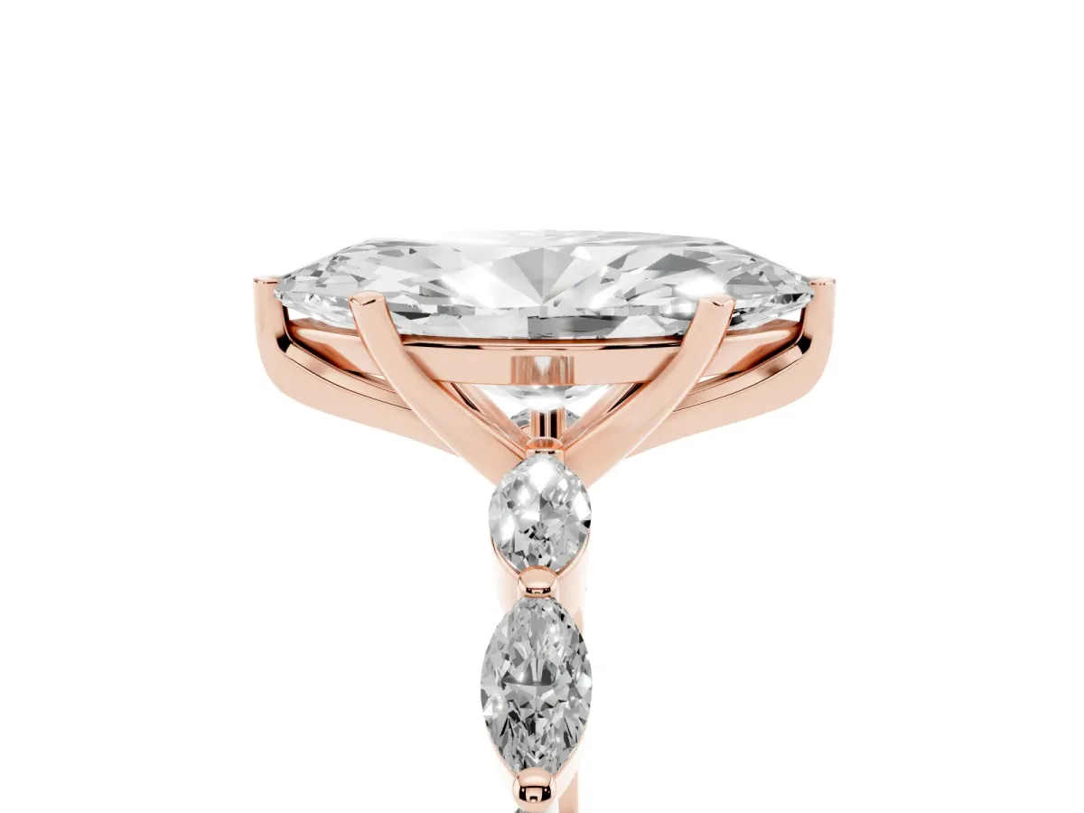 Marquise Cut Diamond Ring with Marquise Side Stones and Prong Setting Rose gold