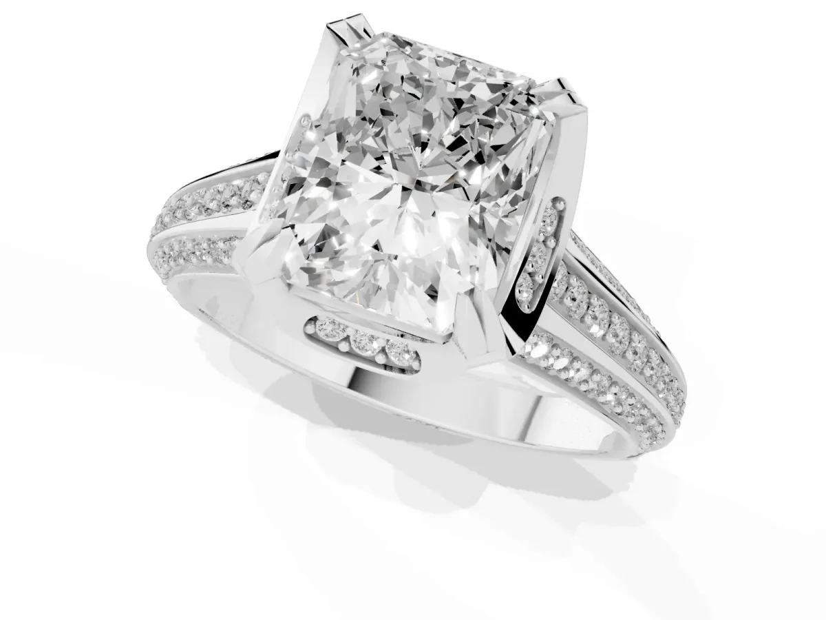 Radiant Cut Solitaire Pave Split Shank Ring with Four-Prong Setting Silver