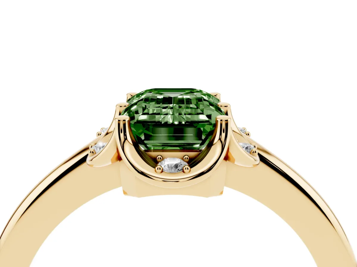 Fancy Green Emerald Cut Halo Diamond Ring with Round Cluster Setting, Solitaire Band, and Four-Prong Setting Yellow gold