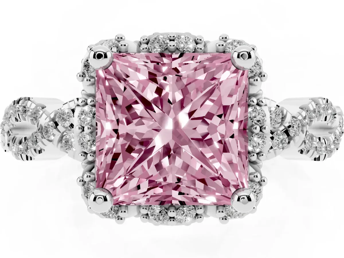 Fancy Pink Princess Cut Halo Twist Band Solitaire Ring with Six-Prong Setting Silver