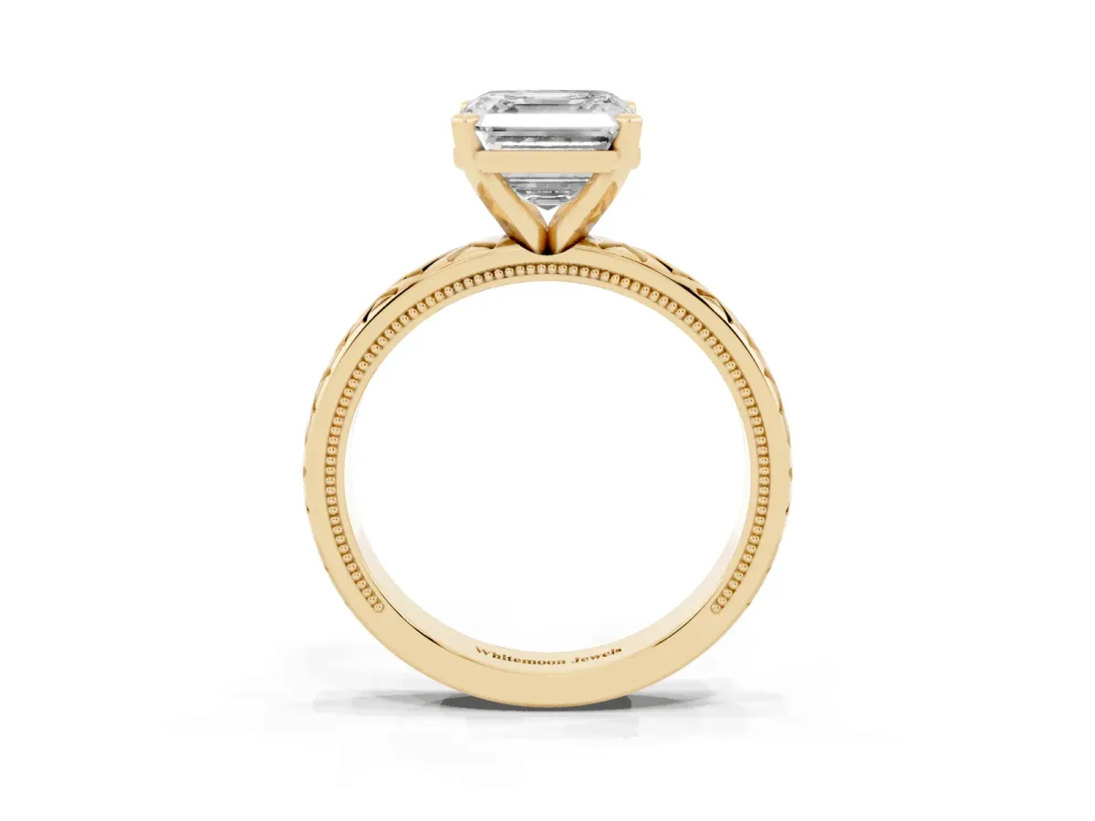 Asscher Cut Solitaire Diamond Ring with Milgrain and Black Enamel X Pattern Band Yellow gold
