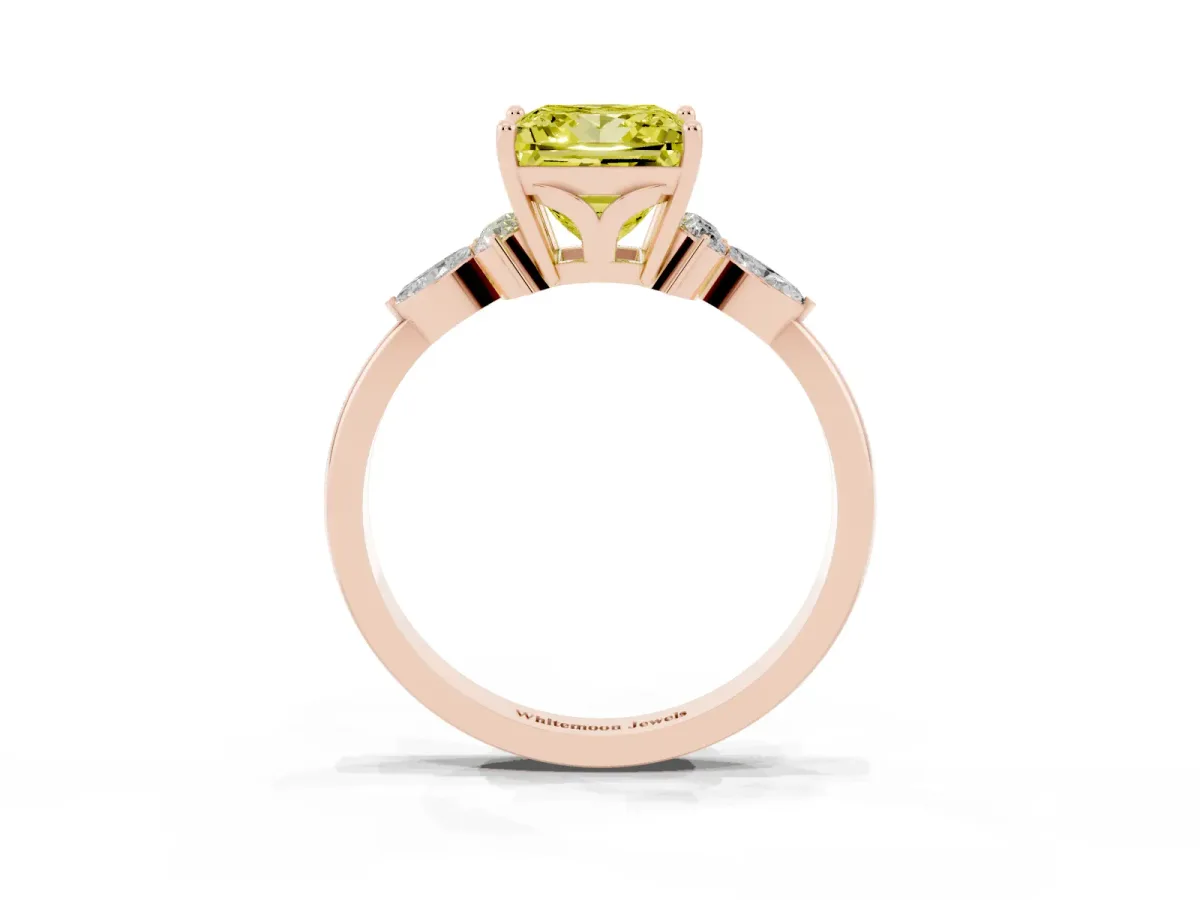 Fancy Yellow Princess Cut Brilliant Diamond Solitaire Ring with Pear Side Stones and Four-Prong Setting Rose gold