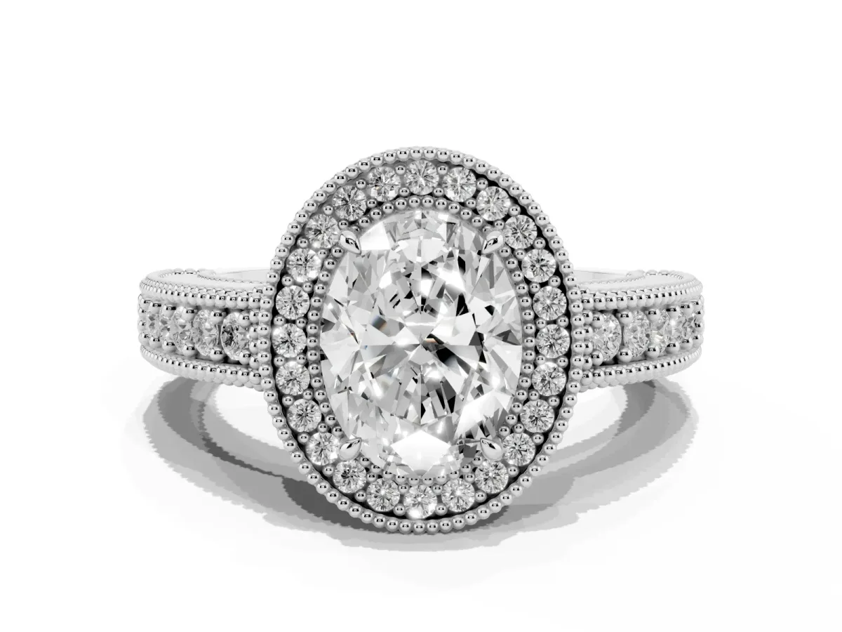 Oval Cut Cut Halo Diamond Ring with Pavé Band and Four-Prong Setting Platinum