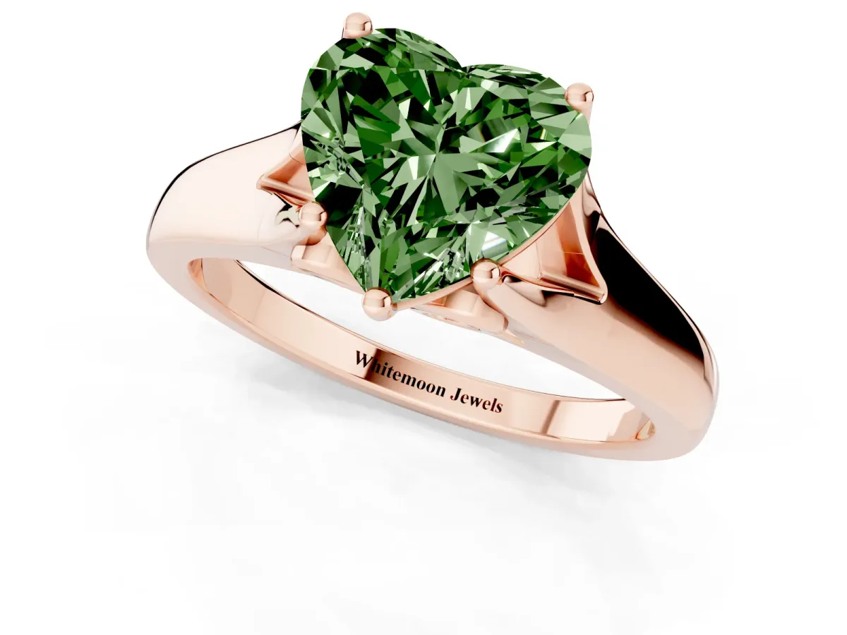 Fancy Green Heart Cut Solitaire Diamond Ring with Cathedral Band and Four-Prong Setting Rose gold