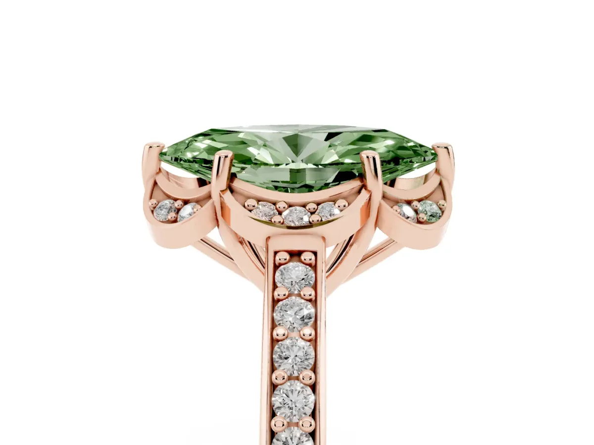 Fancy Green Marquise Cut Cut Halo Diamond Ring with Channel Set Band and Four-Prong Setting Rose gold
