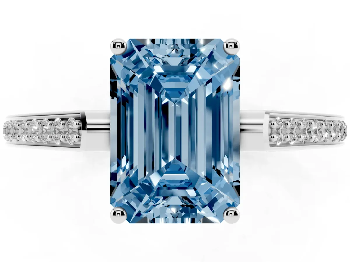 Fancy Blue Emerald Cut Cut Cathedral Pave Diamond Engagement Ring with Six-Prong Setting Platinum