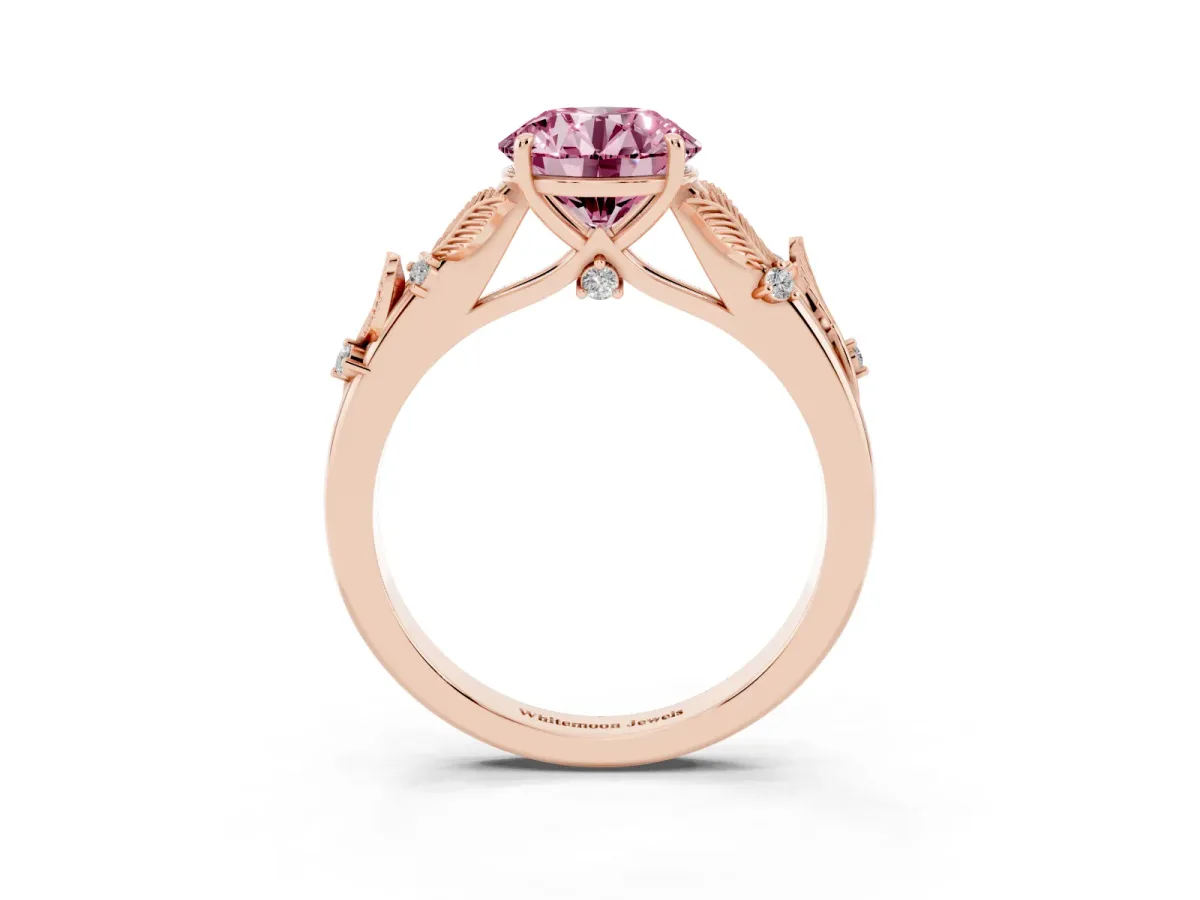 Fancy Pink Round Cut Diamond Solitaire Ring with Leaf Motif Band and Four-Prong Setting Rose gold