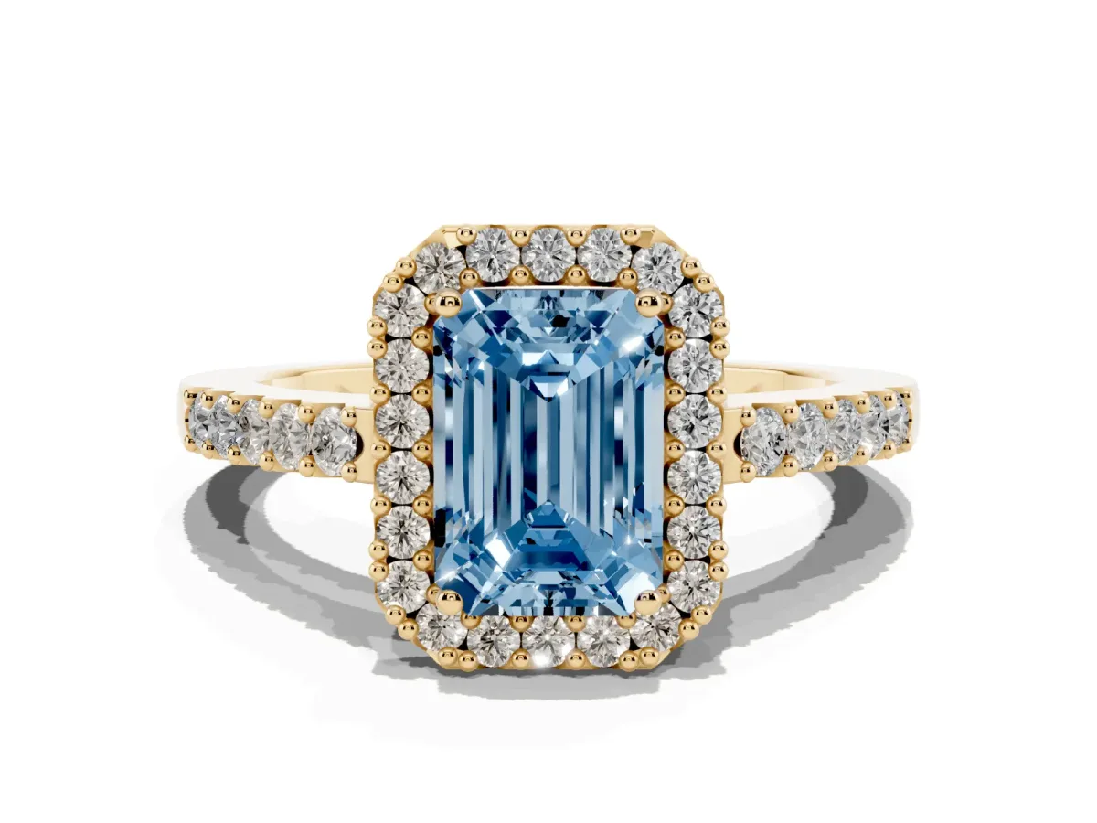 Fancy Blue Emerald Cut Halo Diamond Pavé Solitaire Ring Yellow gold