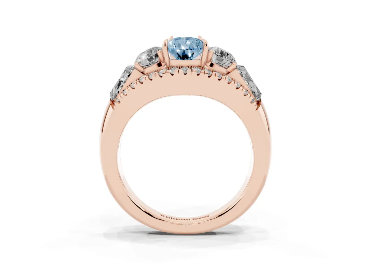 Fancy Blue Three-Stone Pear Cut Diamond Engagement Ring with Pave Band and Prong Setting Rose gold