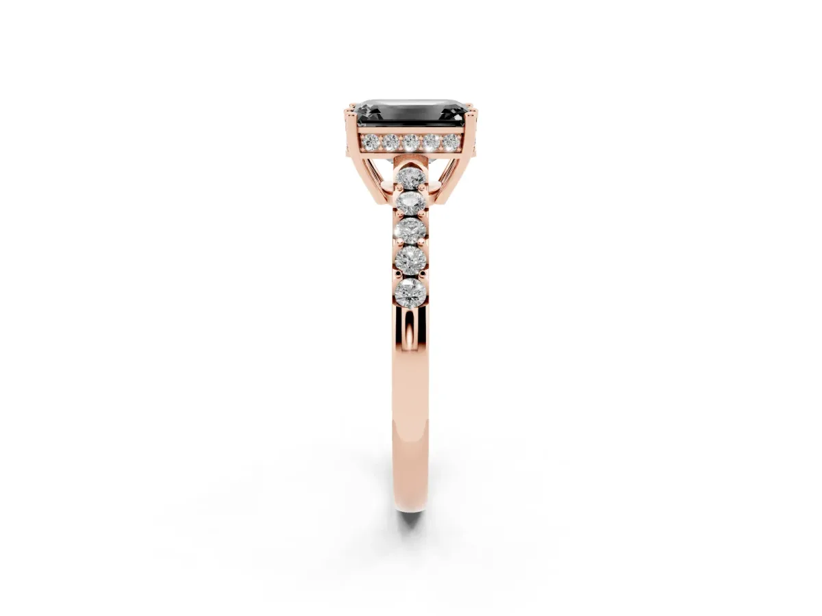 Fancy Black Emerald Cut Solitaire Diamond Engagement Ring with Pavé Band and Six-Prong Setting Rose gold