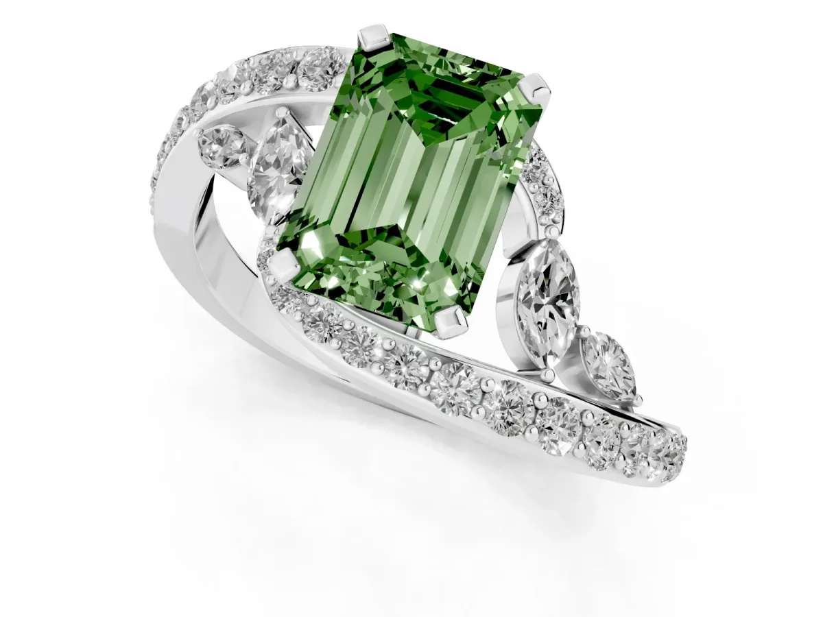 Fancy Green Emerald Cut Solitaire with Pavé Twist Band and Four-Prong Setting Silver