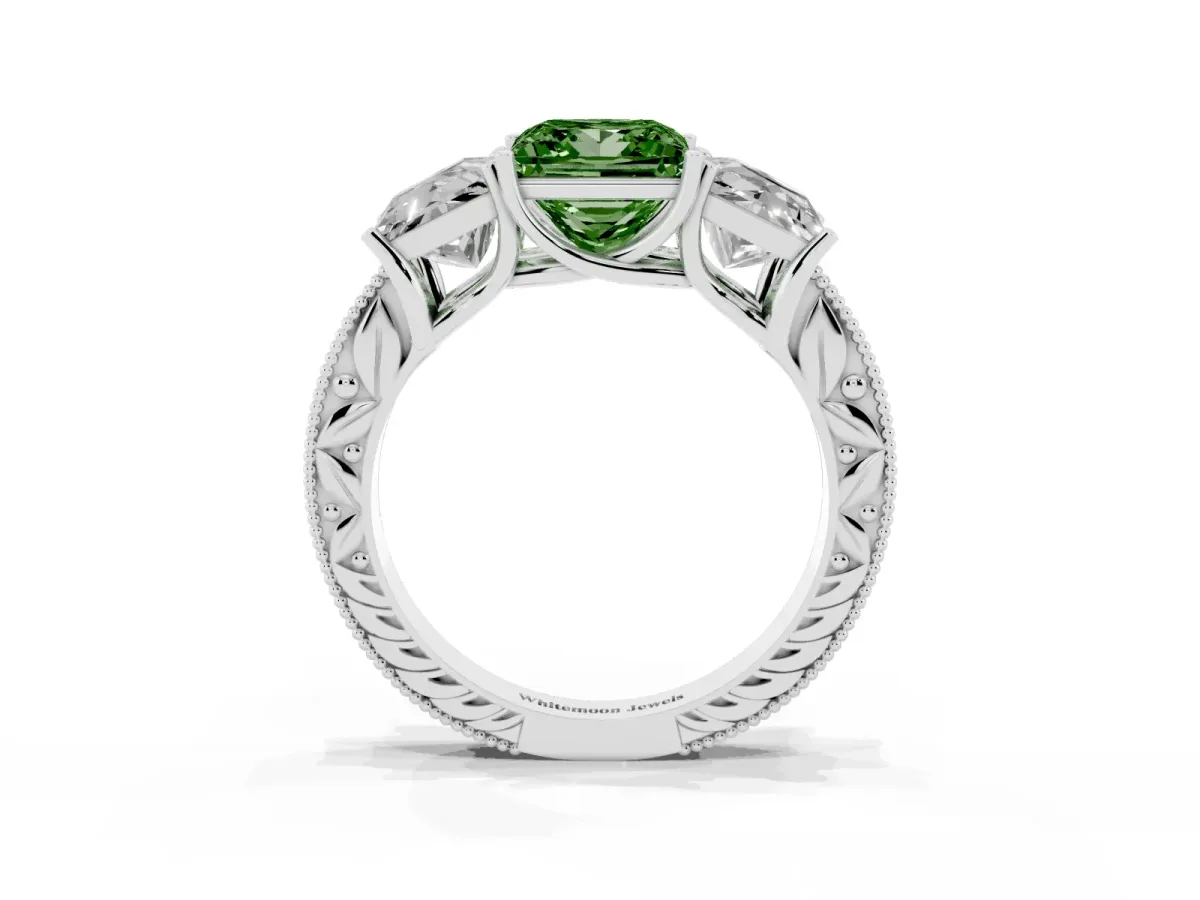 Fancy Green Three-Stone Princess Cut Cut Milgrain Pavé Engagement Ring Silver