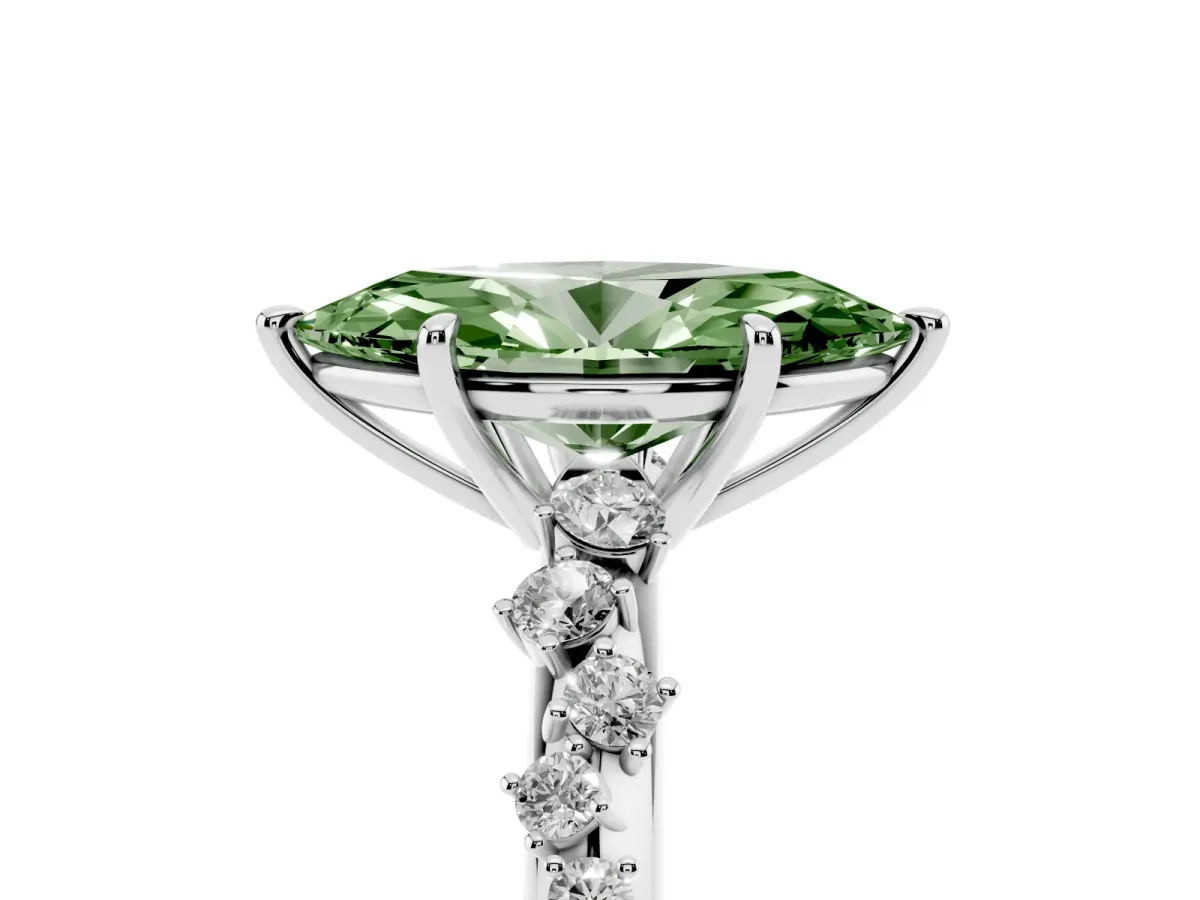 Fancy Green Marquise Cut Diamond Cluster Side Stone Solitaire Ring with Prong Setting Silver