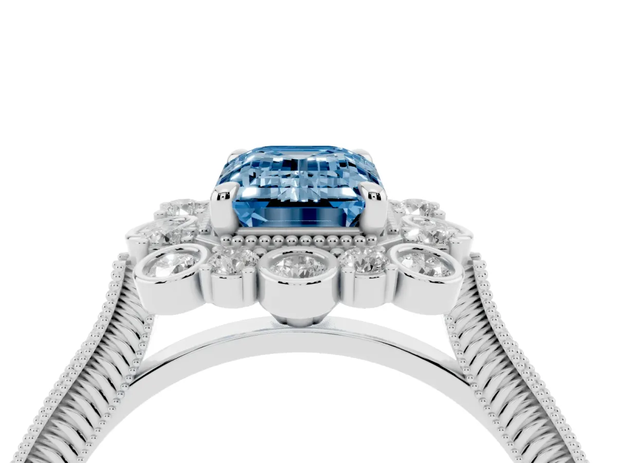 Fancy Blue Emerald Cut Halo Milgrain Pave Diamond Ring with Four-Prong Setting Silver