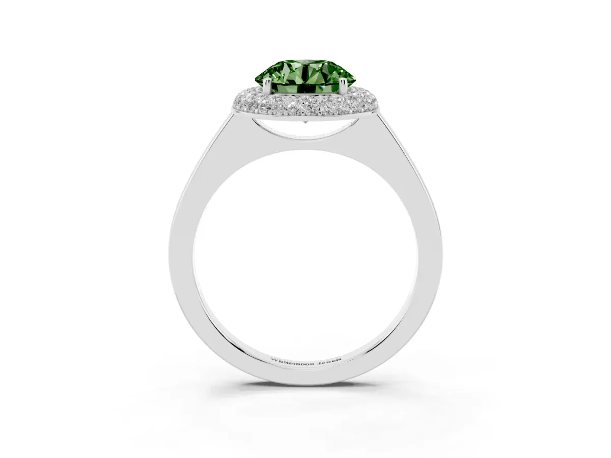 Fancy Green Round Cut Halo Diamond Engagement Ring with Solitaire Band and Four-Prong Setting Platinum