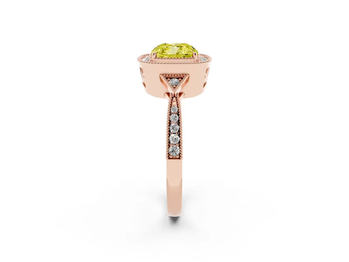 Fancy Yellow Cushion Cut Halo Round Diamond Milgrain Pave Engagement Ring Rose gold