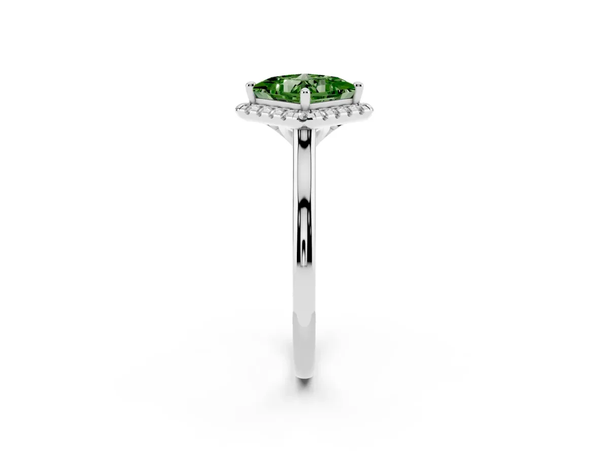 Fancy Green Princess Cut Halo Round Diamond Solitaire Engagement Ring with Pave Band and Four-Prong Setting White gold