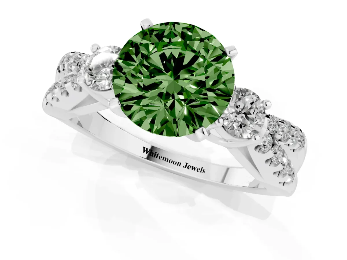 Fancy Green Round Cut Diamond Three-Stone Ring with Pavé Split Shank and Four-Prong Setting White gold