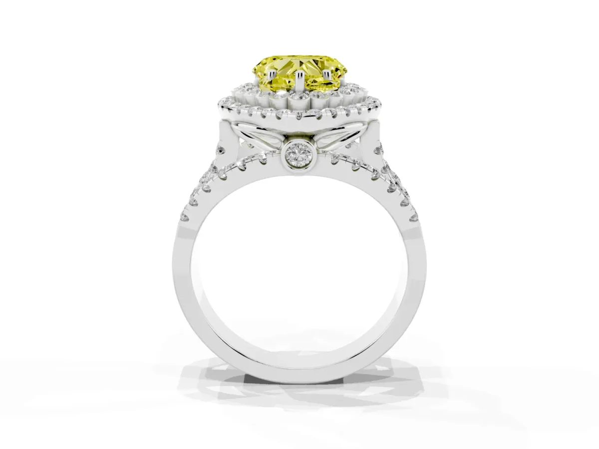 Fancy Yellow Heart Cut Diamond Double Halo Ring with Round Pavé Split Shank and Prong Setting Silver