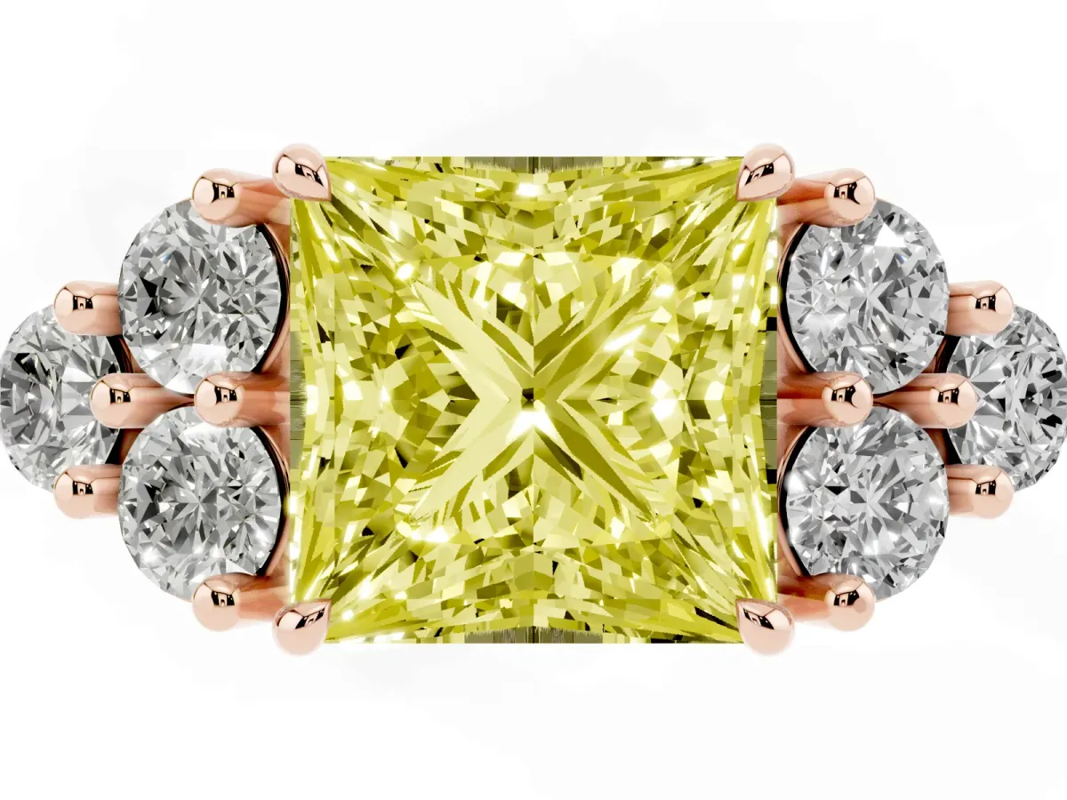 Fancy Yellow Princess Cut Brilliant Diamond Cluster Accent Solitaire Ring with Prong Setting Rose gold