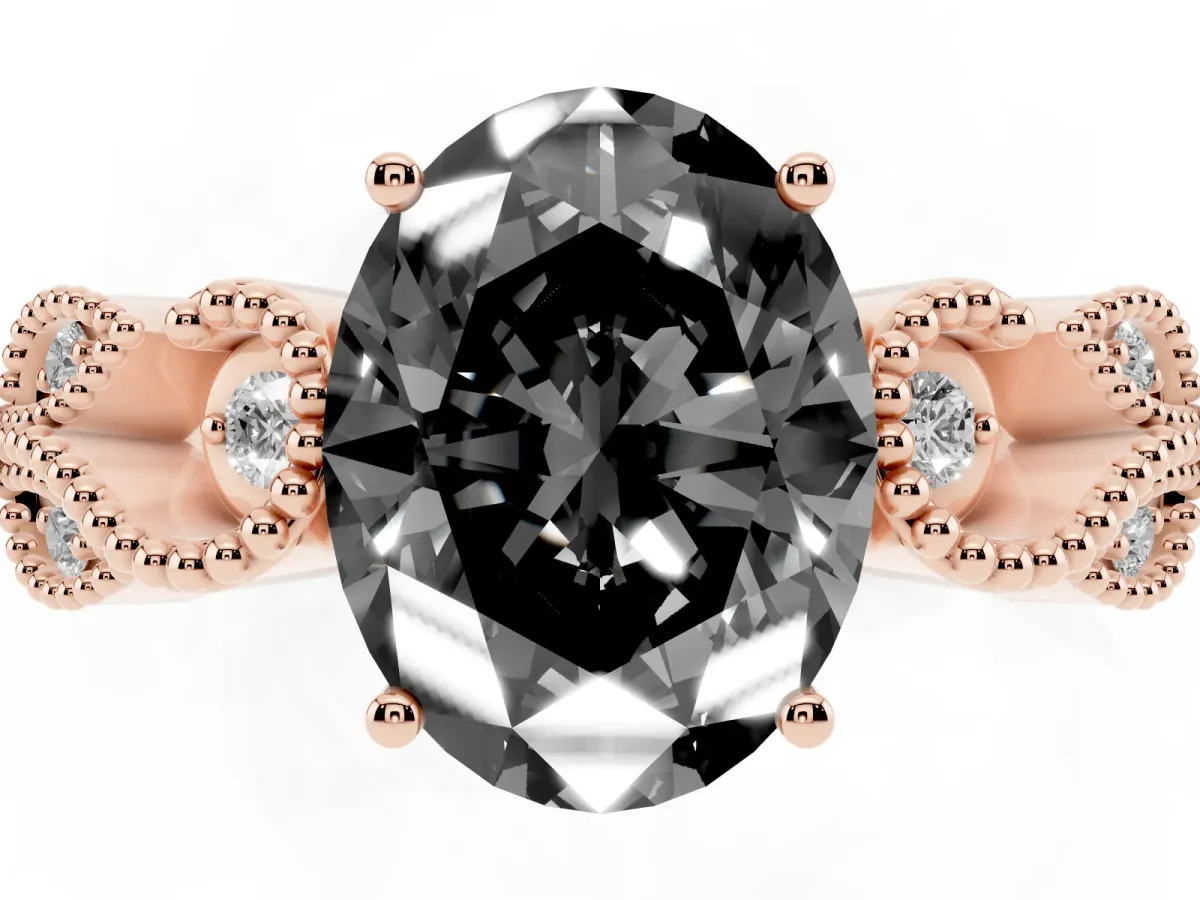 Fancy Black Oval Cut Solitaire Milgrain Leaf Band with Prong Setting Rose gold