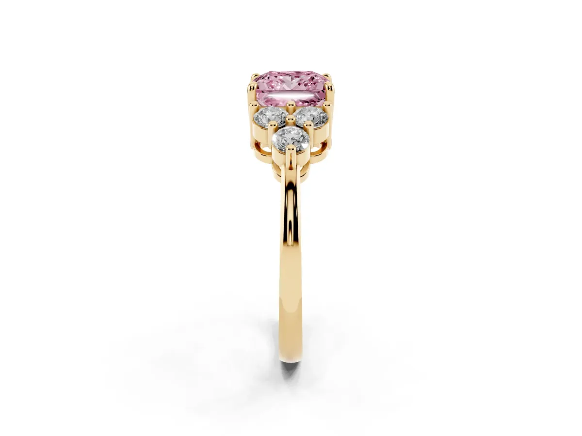 Fancy Pink Princess Cut Brilliant Diamond Cluster Accent Solitaire Ring with Prong Setting Yellow gold