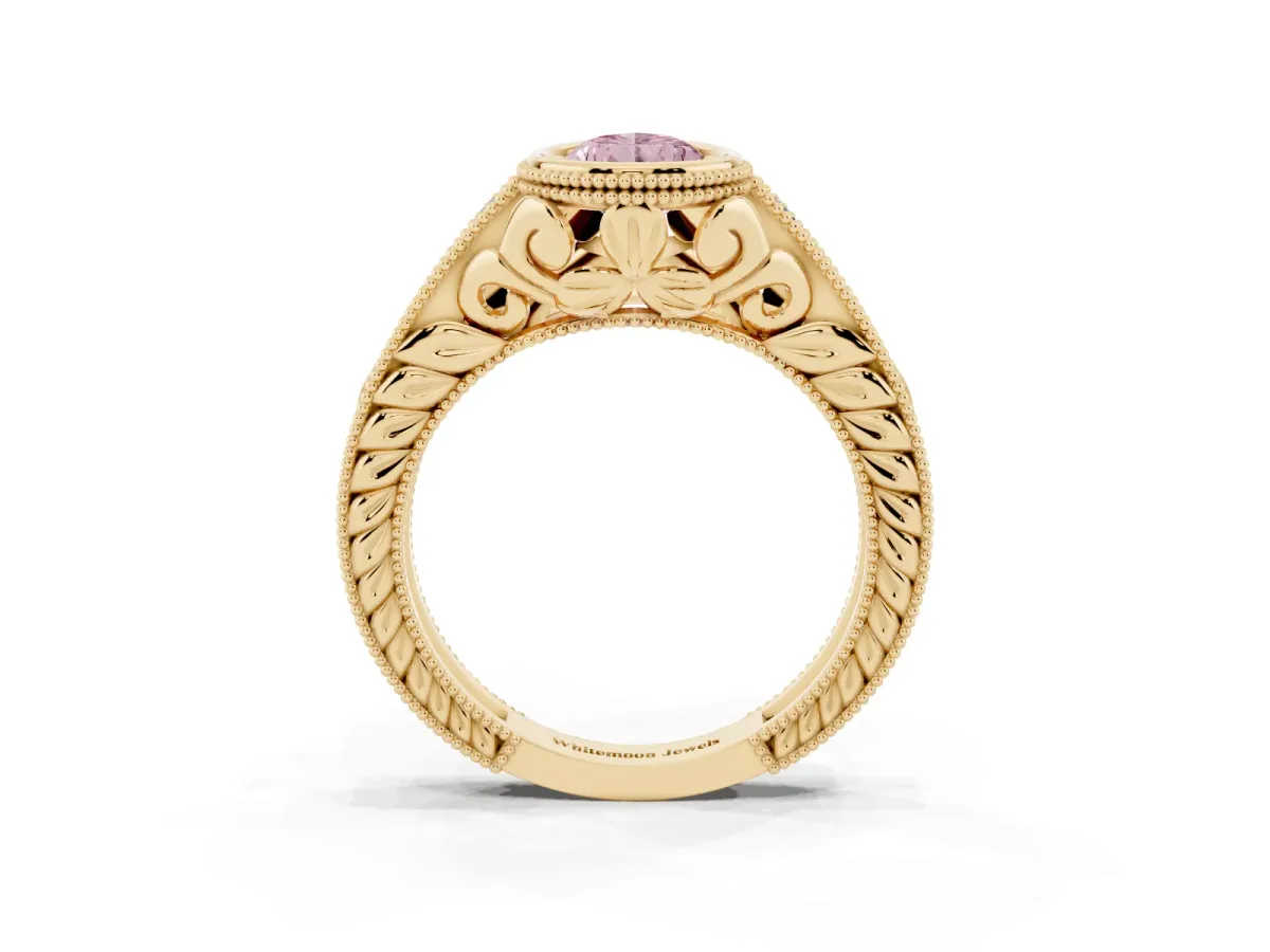 Fancy Pink Bezel Set Pear Cut Diamond Milgrain Pave Engagement Ring Yellow gold