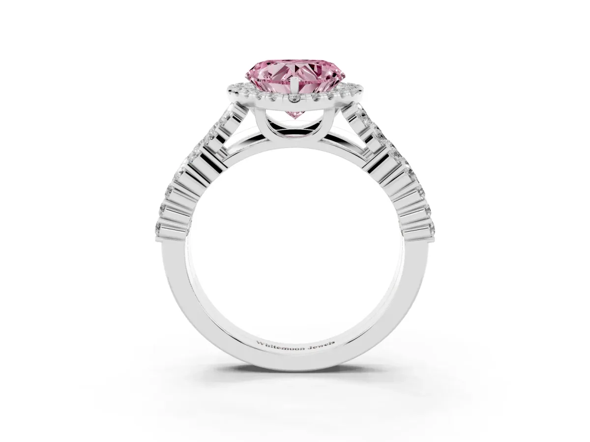 Fancy Pink Heart Cut Diamond Halo Engagement Ring with Triple Row Round Pavé Band and Prong Setting Silver