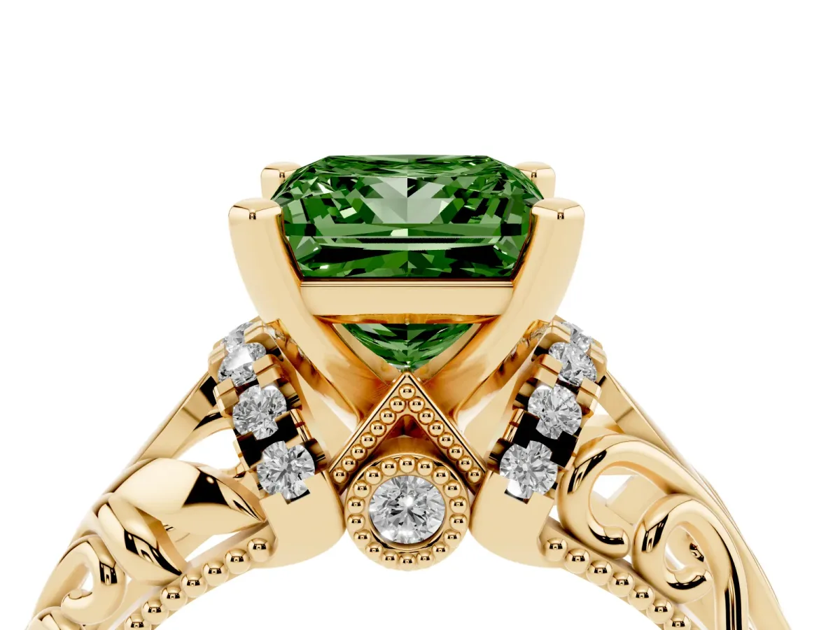 Fancy Green Princess Cut Solitaire Filigree Engagement Ring with Halo and Prong Setting Yellow gold