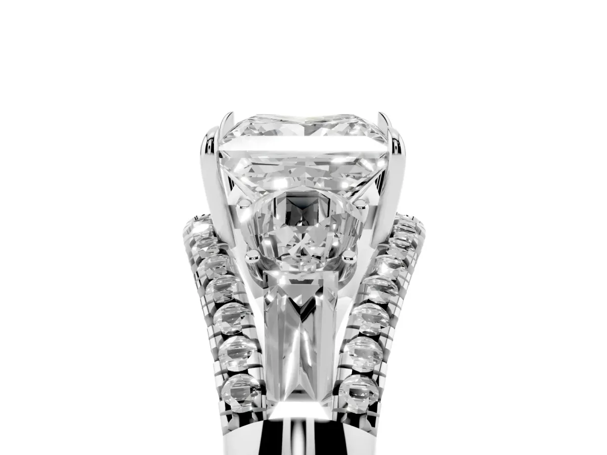 Three-Stone Princess Cut Diamond Engagement Ring with Pave Band and Prong Setting Silver