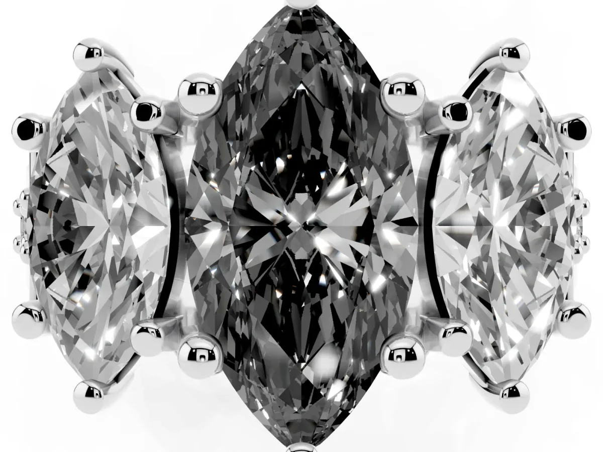 Fancy Black Marquise Cut Diamond Three-Stone Ring with Channel Set Band and Four-Prong Setting Platinum