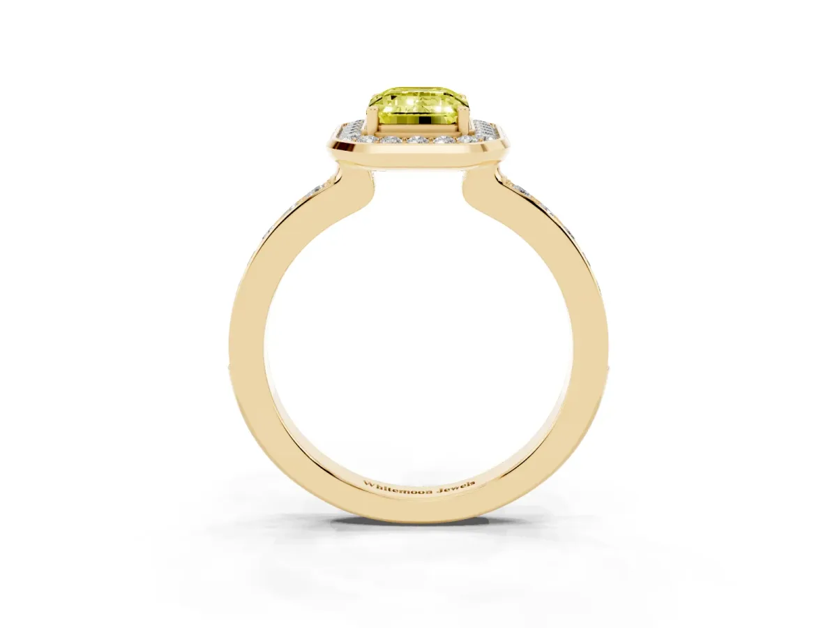 Fancy Yellow Emerald Cut Diamond Halo Ring with Bezel Frame and Pavé Band Yellow gold