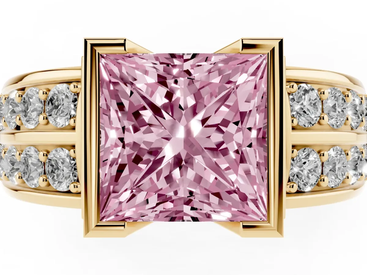 Fancy Pink Princess Cut Brilliant Diamond Channel Set Wide Band Ring with Bezel Setting Yellow gold