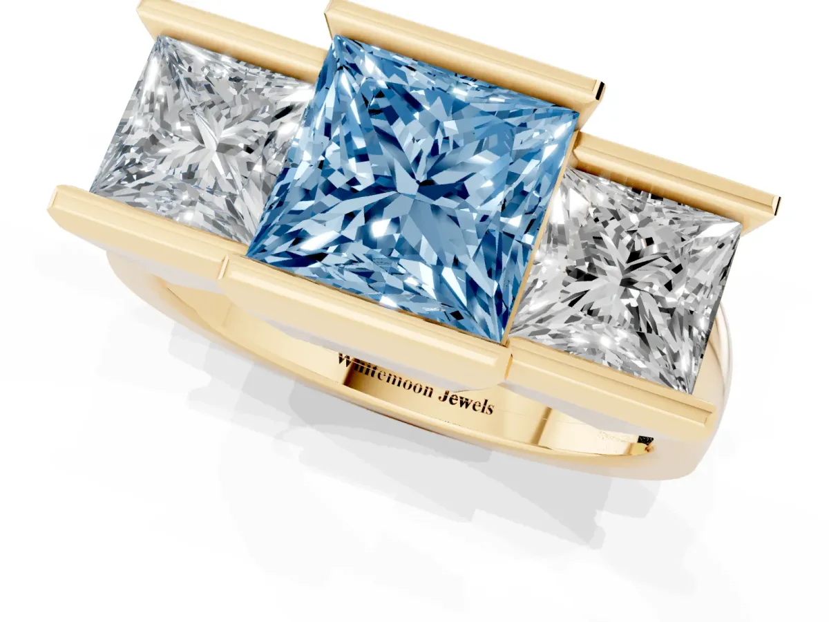 Fancy Blue Three Stone Princess Cut Cut Channel Set Diamond Ring Yellow gold