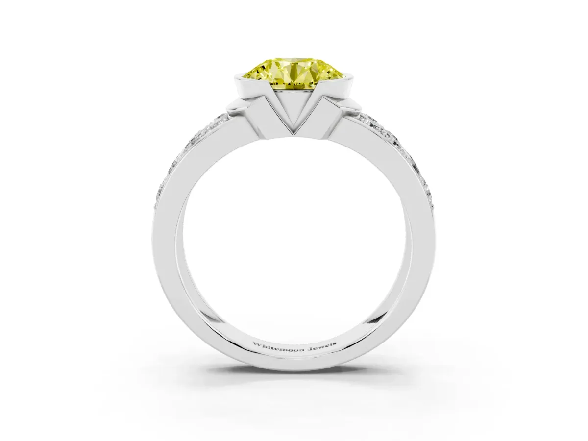 Fancy Yellow Round Cut Brilliant Diamond Channel Set Wide Band Ring with Bezel Setting White gold