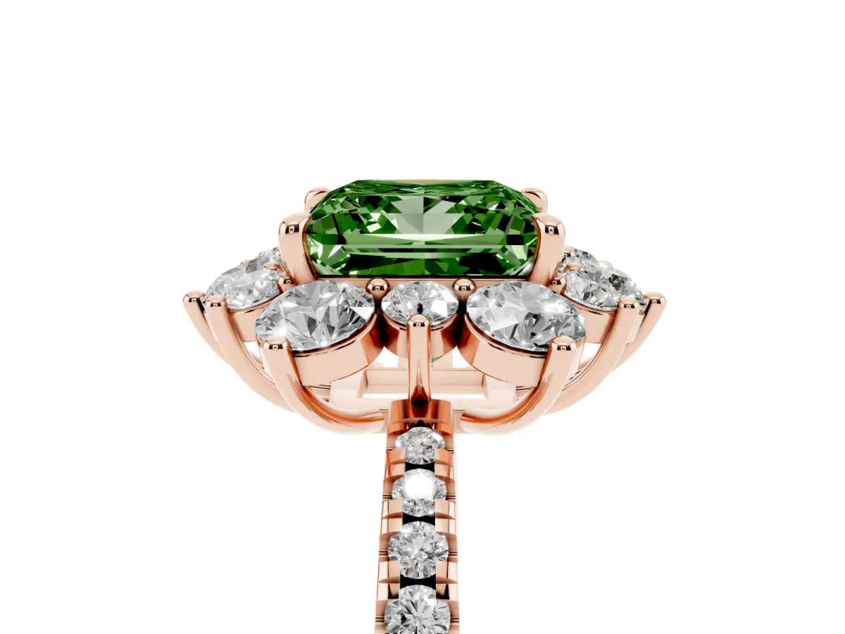 Fancy Green Princess Cut Diamond Floral Halo Ring with Round Pavé Band and Prong Setting Rose gold
