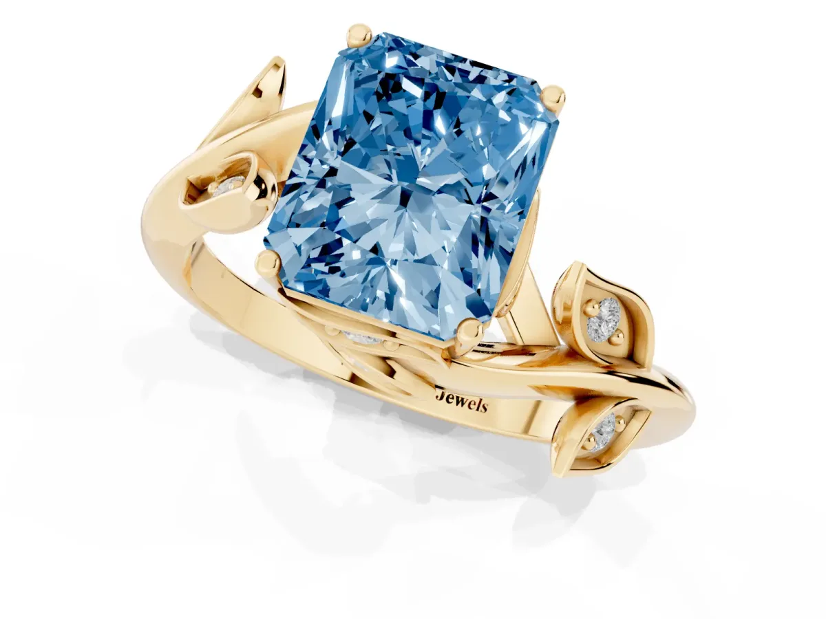 Fancy Blue Radiant Cut Solitaire Twist Engagement Ring with Leaf Accents and Prong Setting Yellow gold