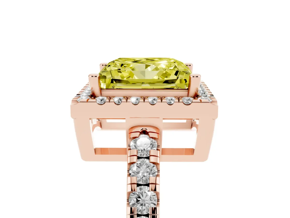 Fancy Yellow Princess Cut Diamond Halo Ring with Pavé Band and Four-Prong Setting Rose gold