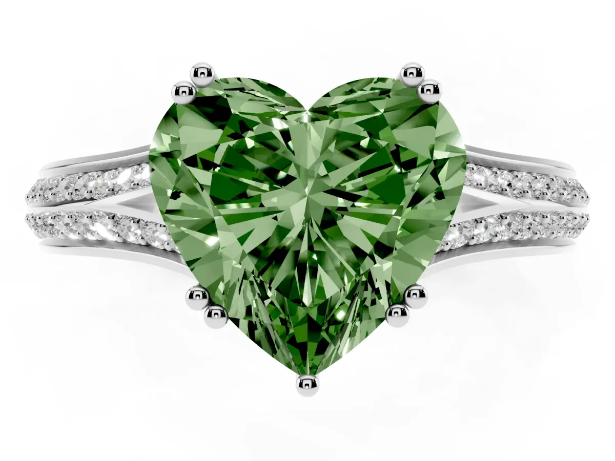 Fancy Green Heart Cut Diamond Split Shank Engagement Ring with Pavé Band White gold