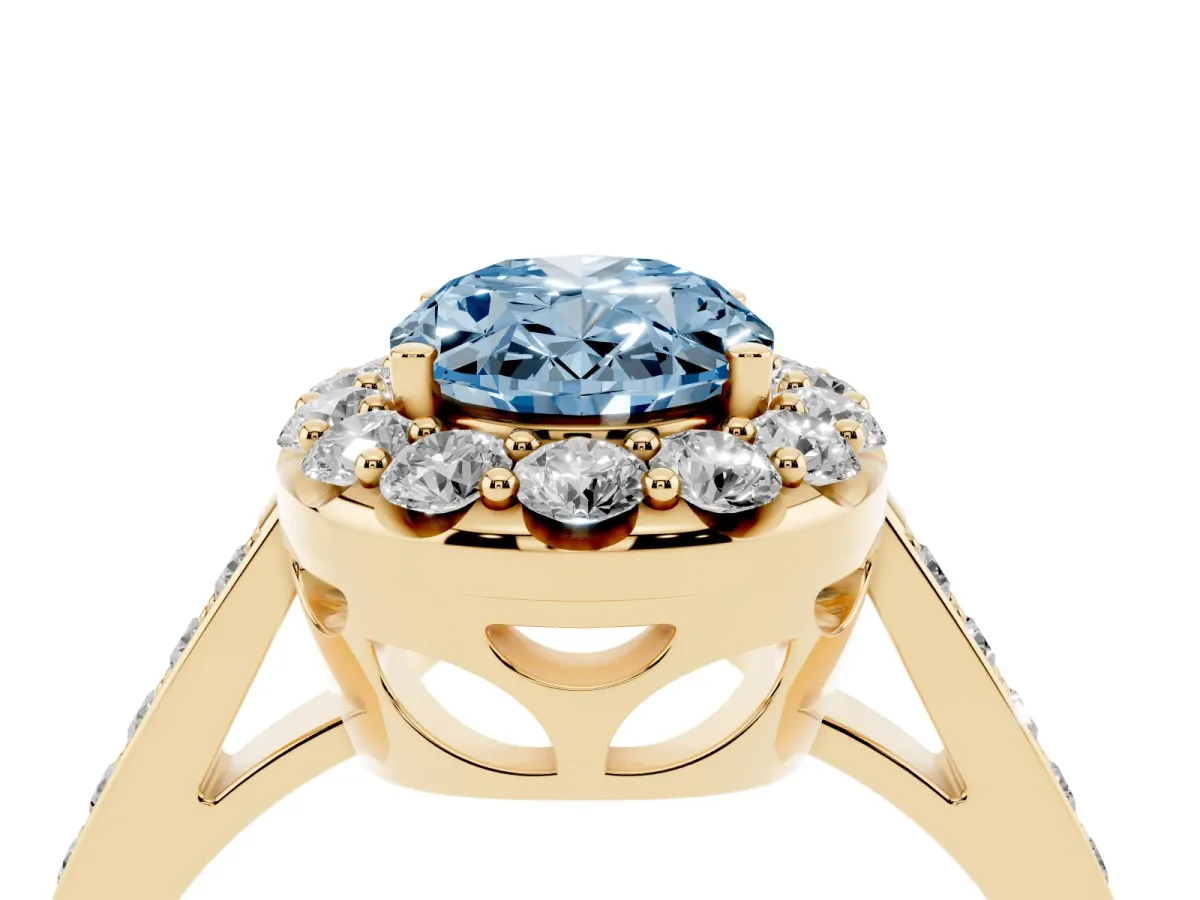 Fancy Blue Oval Cut Diamond Floral Halo Ring with Pavé Band and Prong Setting Yellow gold