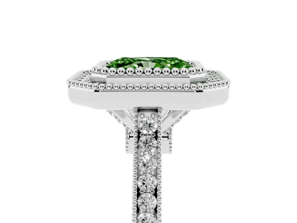 Fancy Green Radiant Cut Diamond Halo Ring with Milgrain Frame and Pavé Band White gold