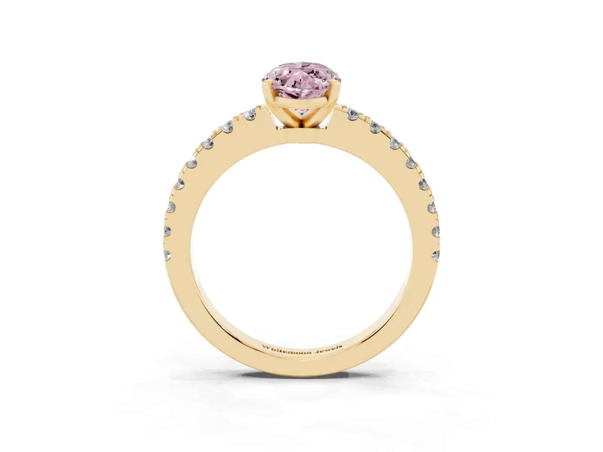 Fancy Pink Marquise Cut Solitaire Diamond with Pavé Band and Four-Prong Setting Yellow gold