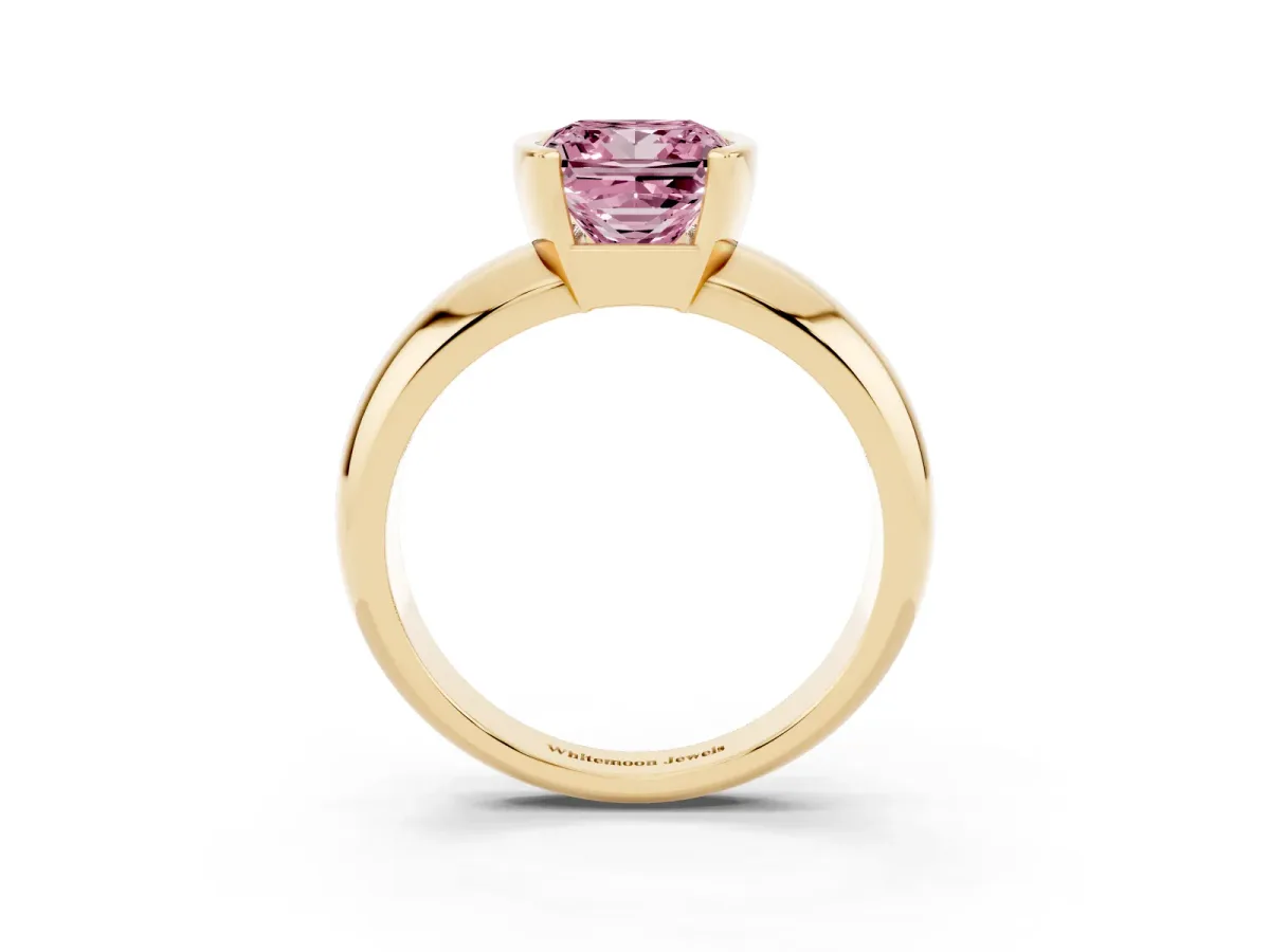 Fancy Pink Princess Cut Solitaire Tension Set Diamond Ring with Wide Band Yellow gold