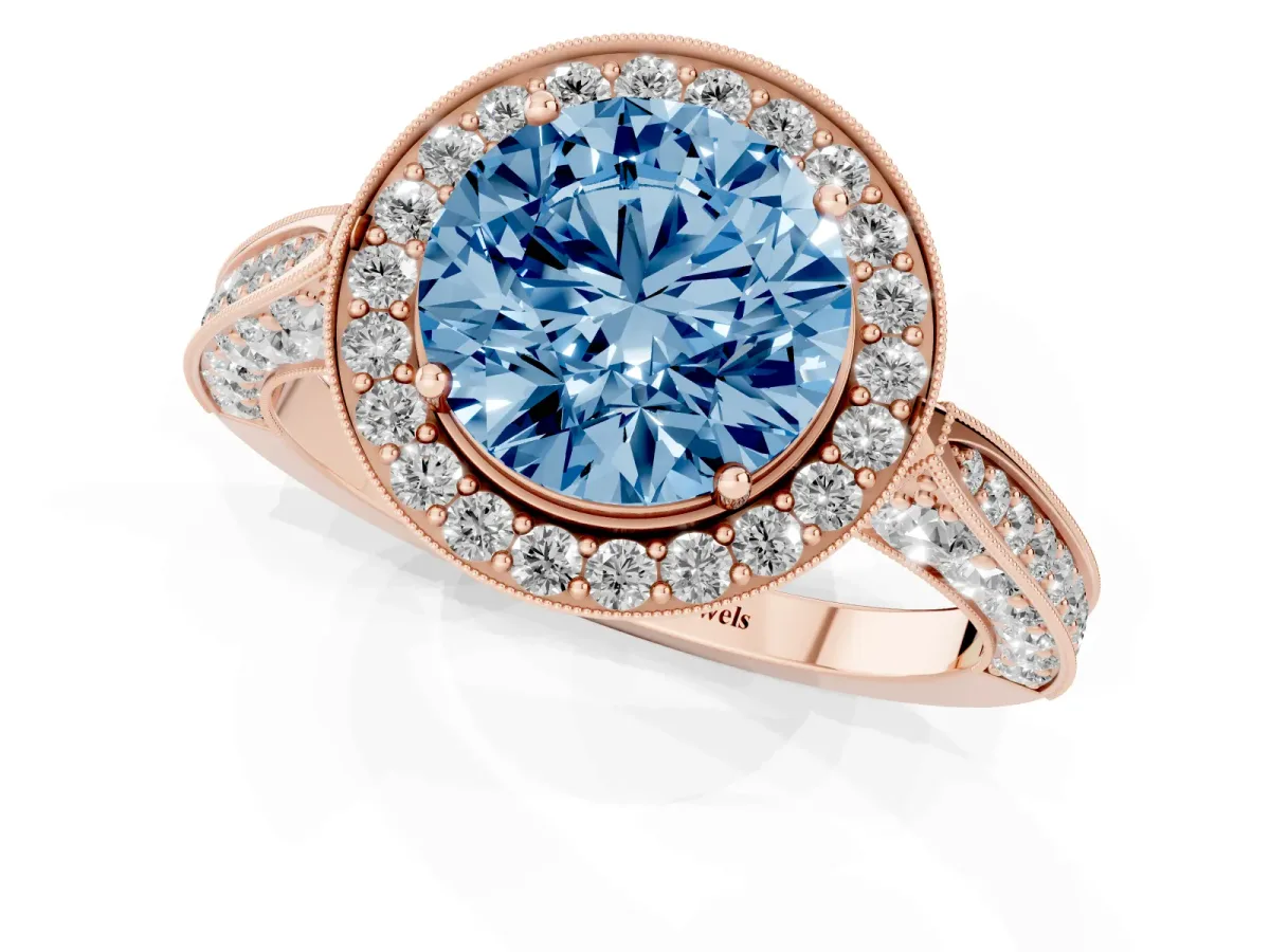 Fancy Blue Round Cut Halo Diamond Engagement Ring with Split Shank Band and Four-Prong Setting Rose gold